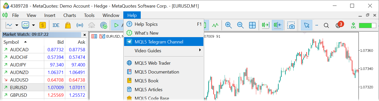 在“帮助”菜单中添加MQL5 Telegram频道的链接。